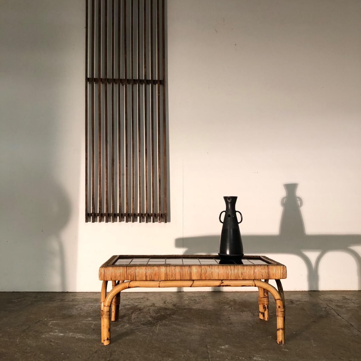 1950 rattan and black tiles low table
