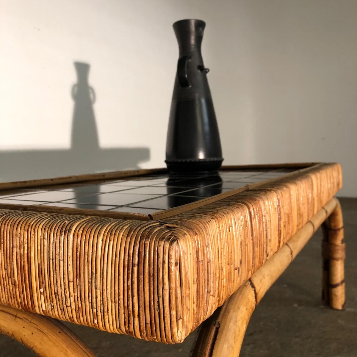 1950 rattan and black tiles low table