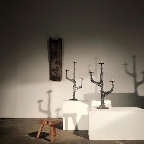 1970 pair of brutalist metal candlesticks 