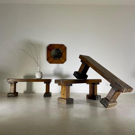 3 brutalist oak benches 