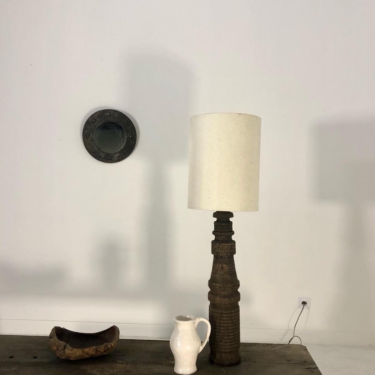 French 1960 primitive wood lamp