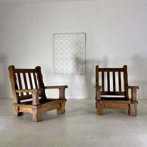 Oversize 1970 Brutalist oak armchairs 