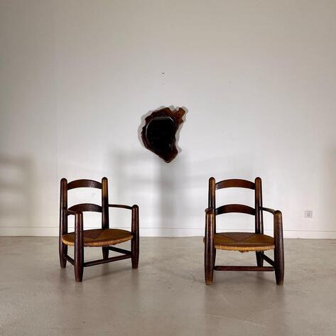Pair of 1950 oak and straw armchairs 
