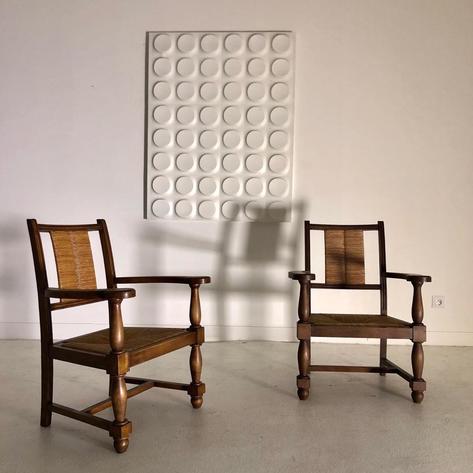 Pair of 1950 straw armchairs 