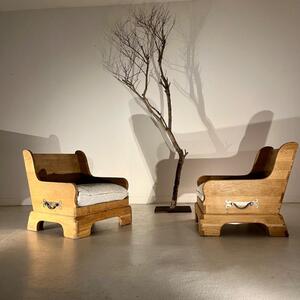 Pair of 1970 brutalist oak armchairs 