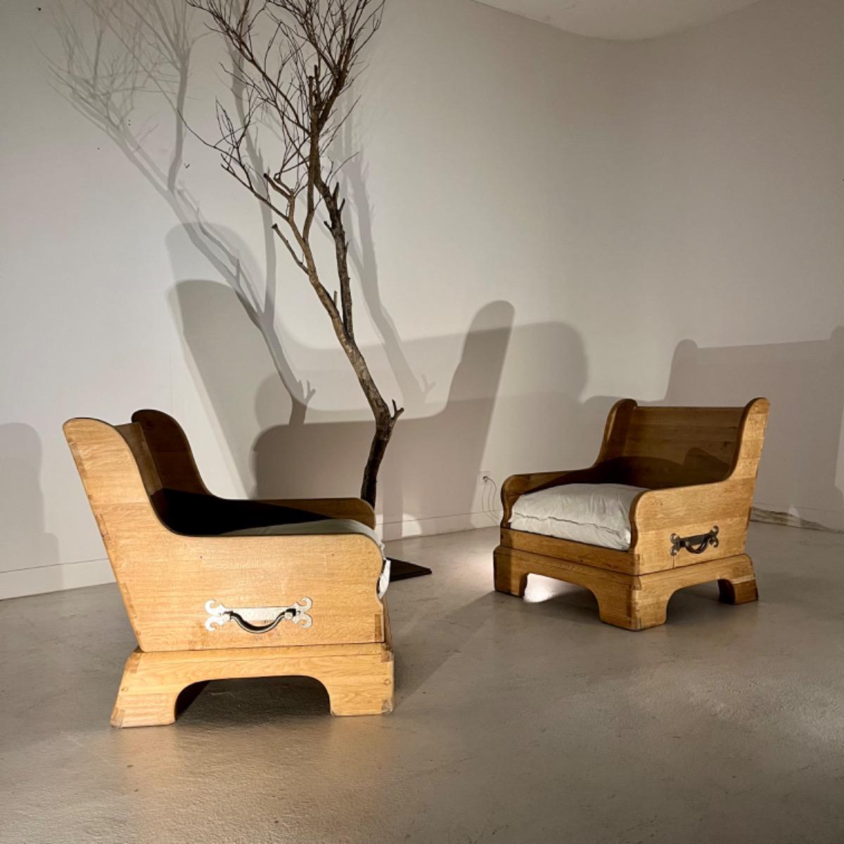 Pair of 1970 brutalist oak armchairs 