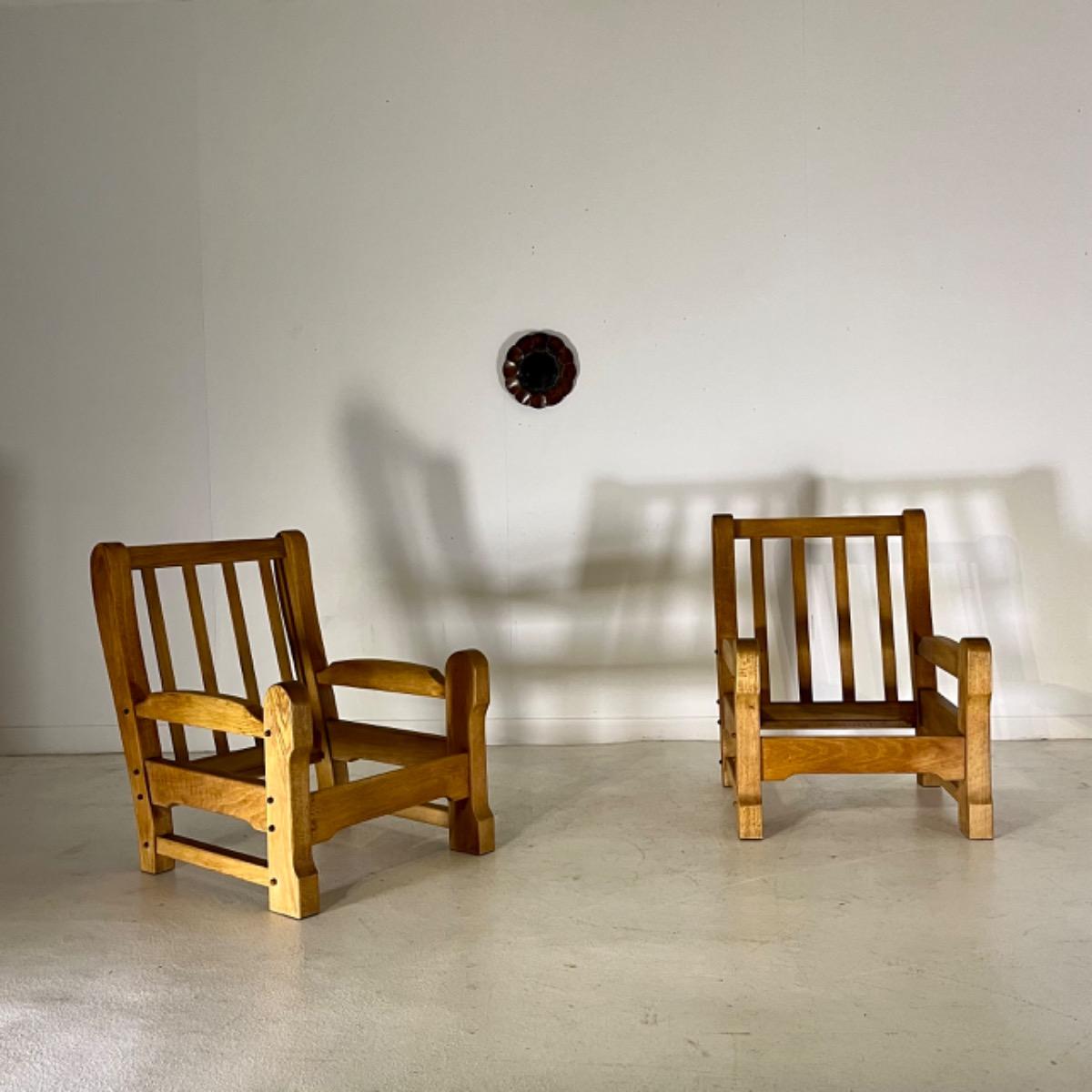 Pair of 1970 brutalist oak wood armchairs 