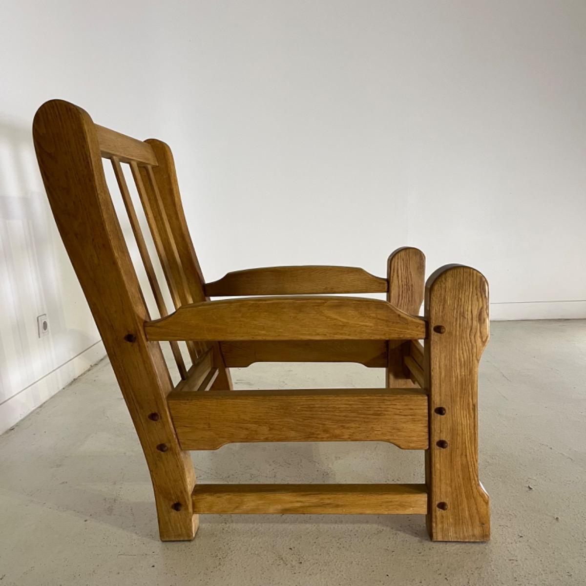 Pair of 1970 brutalist oak wood armchairs 