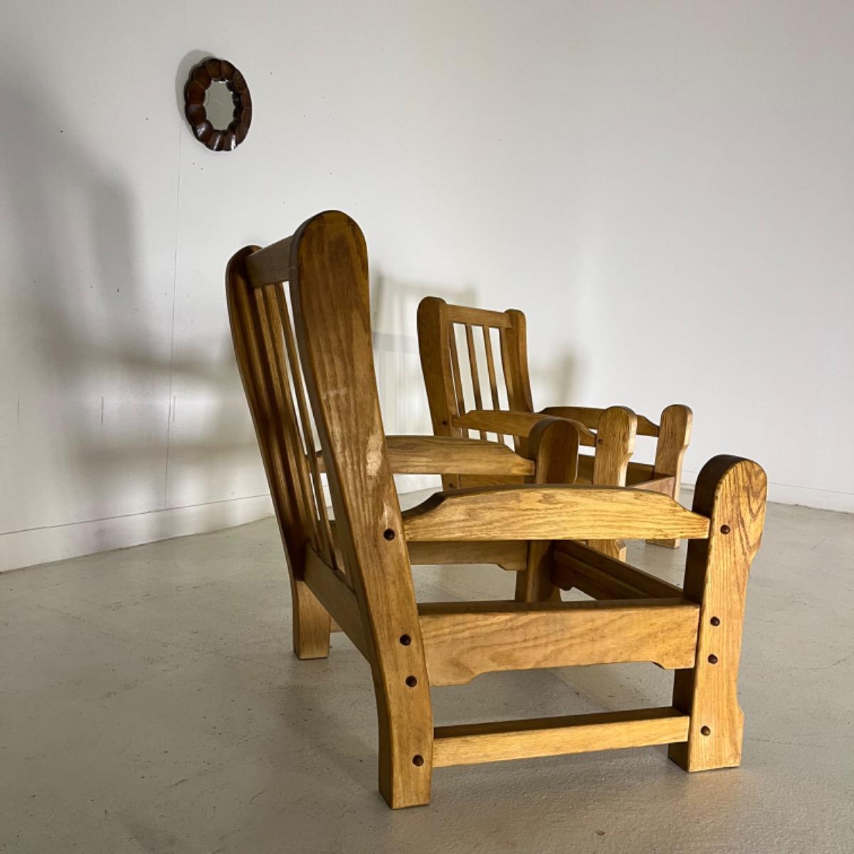 Pair of 1970 brutalist oak wood armchairs 