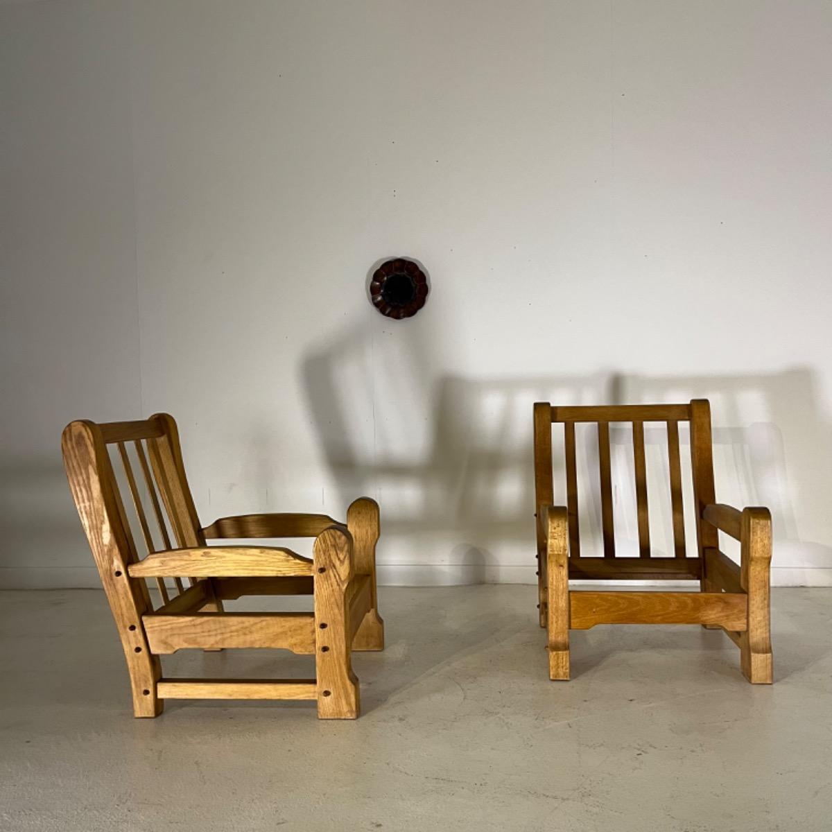 Pair of 1970 brutalist oak wood armchairs 