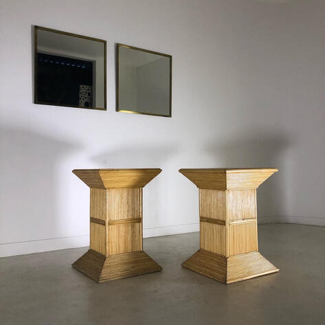 Pair of 1970 rattan pedestal tables
