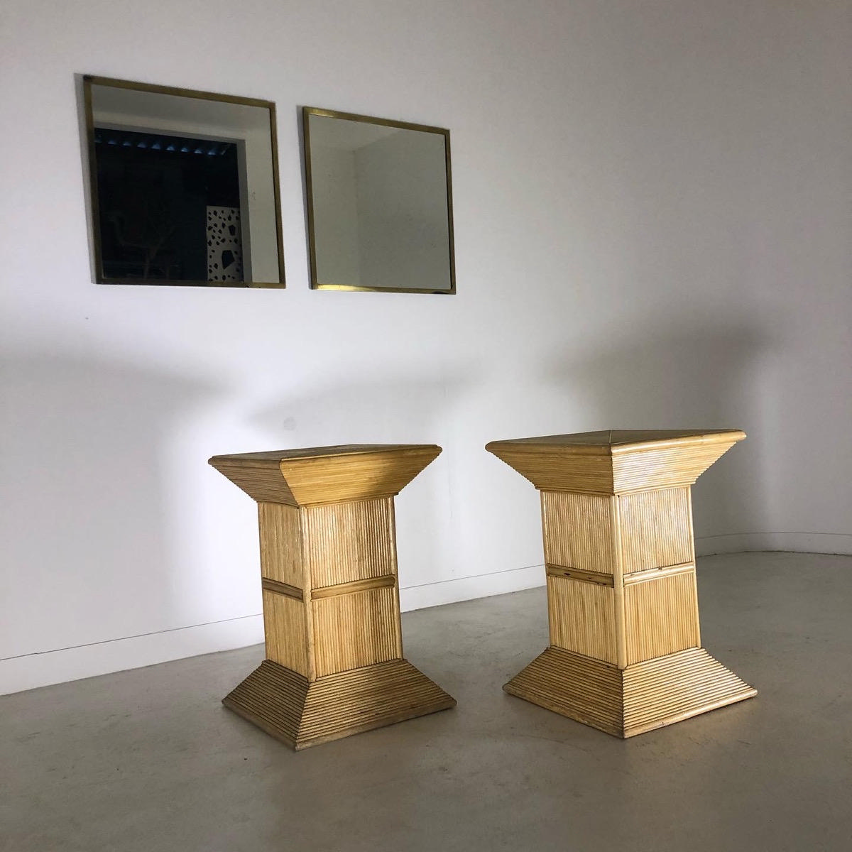 Pair of 1970 rattan pedestal tables