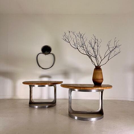 Pair of 1970 steel & wood consoles 