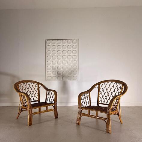 Pair of French 1960 rattan armchairs 