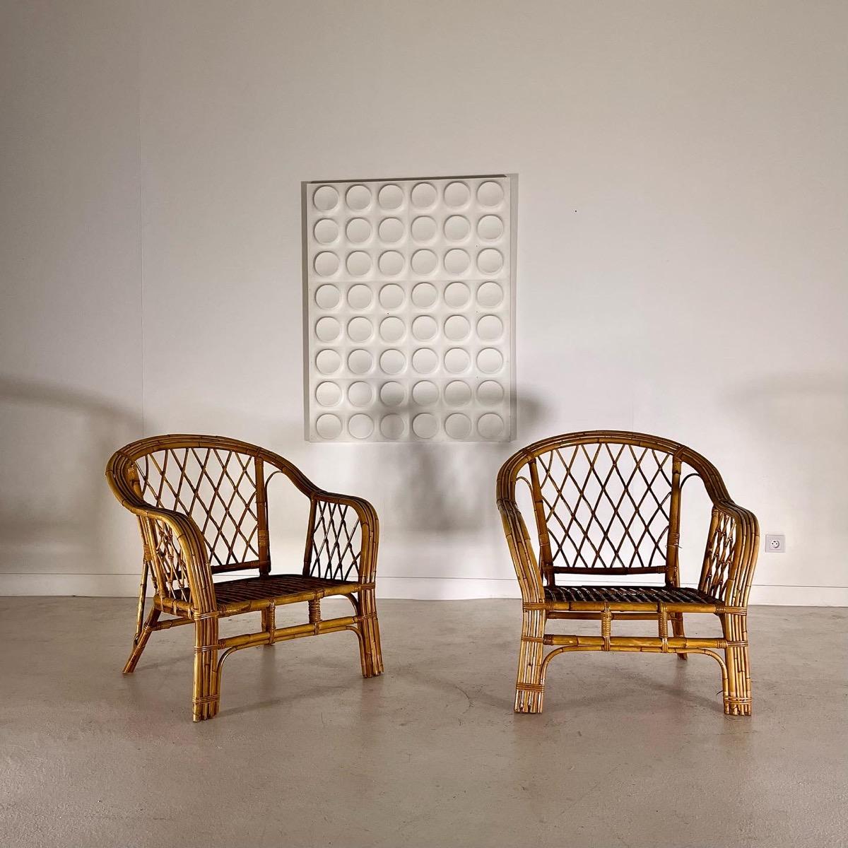 Pair of French 1960 rattan armchairs 
