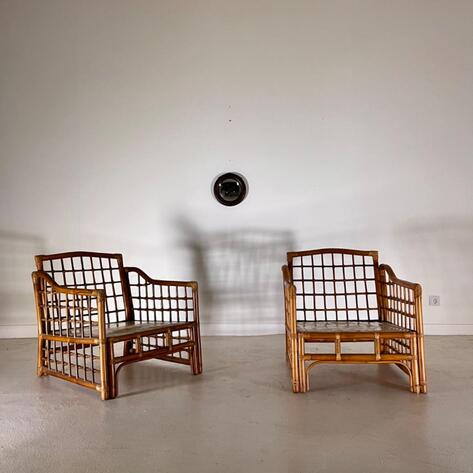Pair of French rattan lounge armchairs 