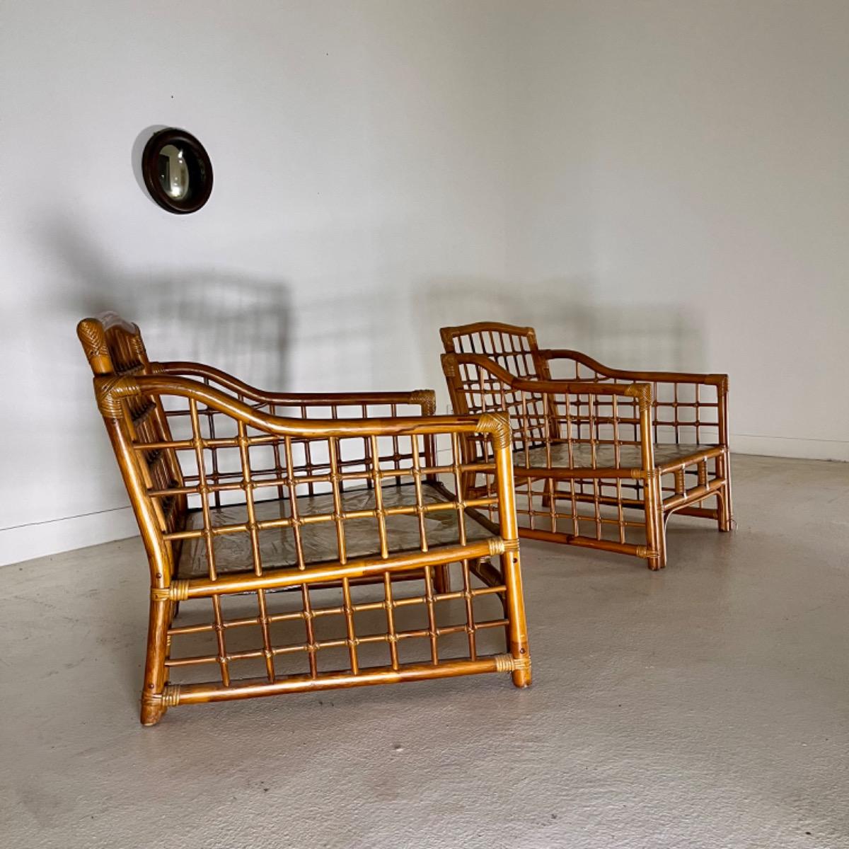 Pair of French rattan lounge armchairs 