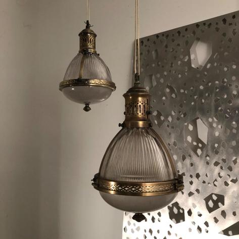 Pair of holophane pendant lights 