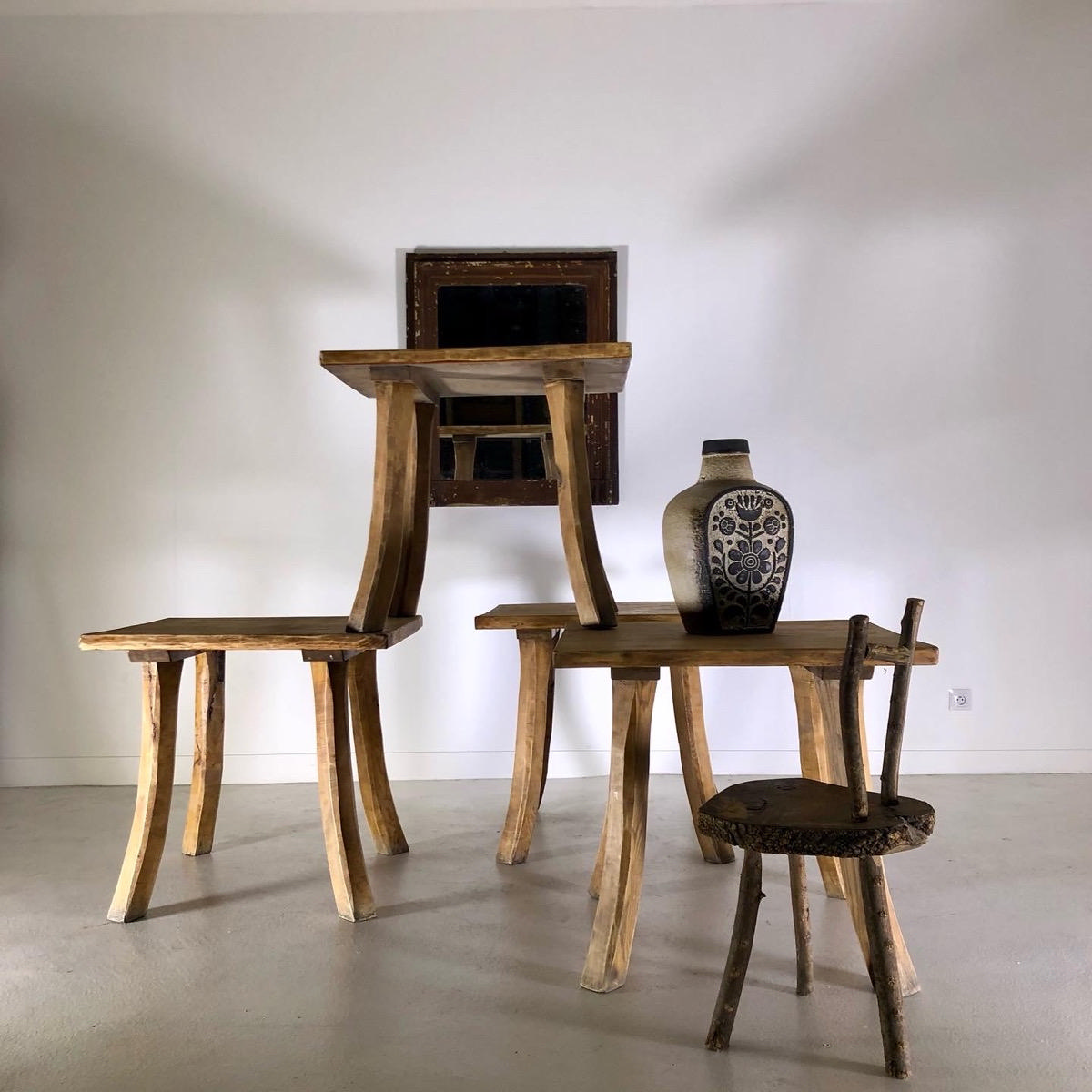 Set of 4 primitive oak tables 